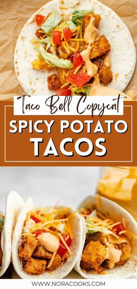 Spicy Potato Tacos, Vegan Chipotle Sauce, Taco Bell Potatoes, Vegan Taco Bell, Taco Bell Copycat, Copycat Taco Bell, Crispy Baked Potatoes, Taco Bell Recipes, Vegan Chipotle