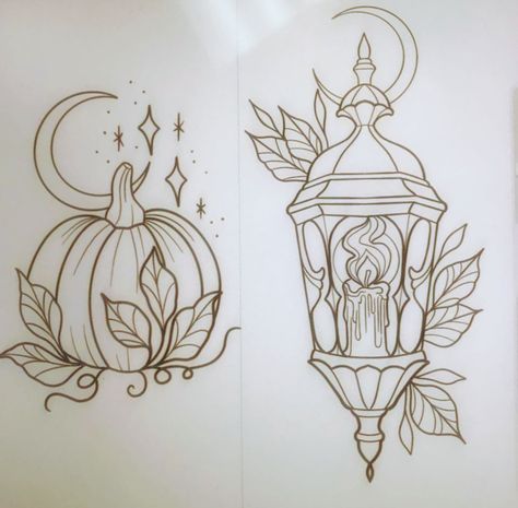 Ghost With Moon Tattoo, Halloween Potion Bottle Tattoo, Fall Inspired Tattoos Simple, Flash Drawing, Halloween Flash, Lantern Tattoo, Pumpkin Tattoo, Witch Tattoo, Spooky Tattoos