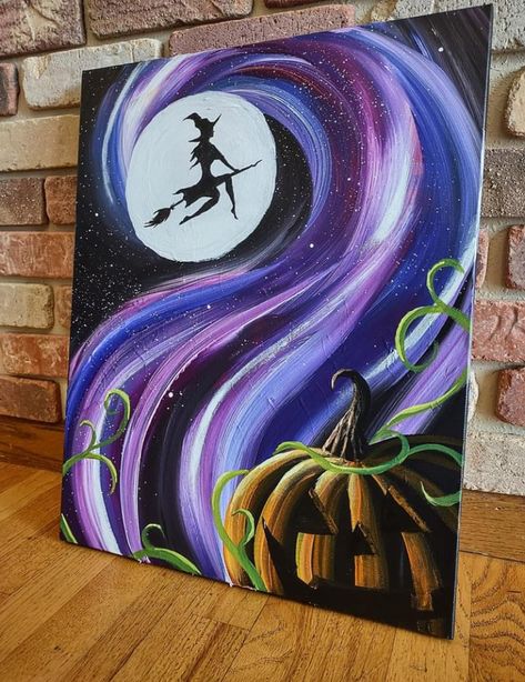 Halloween Canvas Paintings, Halloween Canvas Art, Witch Painting, Disney Canvas Art, Fall Canvas Painting, Acrylic Art Projects, Halloween Idea, Canvas Drawings, Holiday Painting