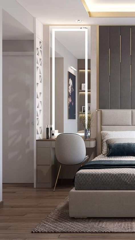 Bed Back Wallpaper, Bed Design With Dressing Table, Dressing Table Next To Bed, Small Dressing Table Ideas, Dressing Table Ideas, Floor Seating Living Room, Modern Dressing Table, Stylish Room Decor, Room Design Modern