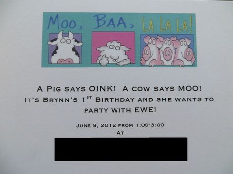 Moo Baa La La La Party, Moo Moo I'm Two Birthday Food, Oink Baa Moo Im Two Party Decorations, Moo Moo I'm Two Birthday Invitations, Oink Baa Moo Neigh First Birthday, Pink Baa Moo I’m Two, Barnyard Dance, Sandra Boynton, Anna Birthday