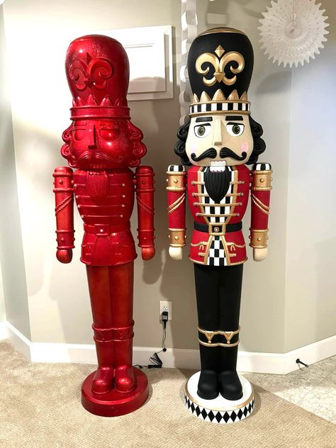 DIY Tall Nutcracker Before/After Painting. White blank Nutcracker DIY craft. Repainting Nutcracker idea. Walmart nutcracker. Repainting christmas decor. Large Nutcracker. Front door decor. Outdoor Christmas. Red and Black Christmas. Checkerd nutcracker. NASCAR Christmas. Christmas Red And Black, Nutcracker Diy, Large Nutcracker, Nutcrackers Display, Red And Black Christmas, Mackenzie Childs Diy, Decor Natal, Floral Christmas Tree, Nutcracker Figures