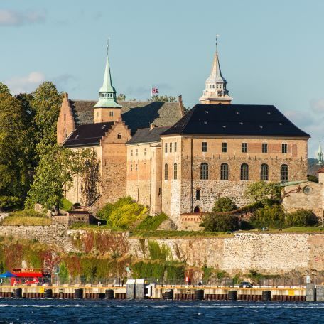 Akershus Fortress on the Oslo Fjord Akershus Fortress, Oslo Fjord, Norwegian Architecture, Royal Residence, Nordic Countries, Disney Princes, Boat Ride, The Middle Ages, Northern Europe