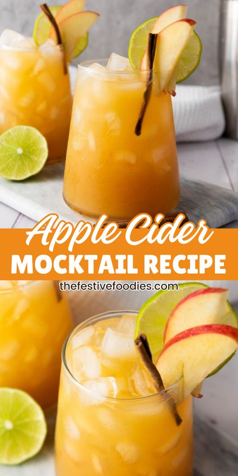 A delicious autumn apple mocktail with fresh apple cider, ginger, and cinnamon. A crisp and refreshing drink to enjoy all season long! Apple Mocktail, Alcohol Free Drinks, Ginger And Cinnamon, Fall Apples, Mocktail Recipe, Fall Treats, Fresh Apples, Refreshing Drinks, Alcohol Free