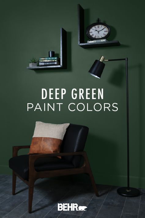 Take a deep dive into this collection of deep green paint colors. It’s easy to enjoy these dark and dramatic shades, even after the holidays. Use them to create a focal point in any room or pair them with dark wood and black tones for a sophisticated look. Click below to learn more. Dark Green Interior Paint, Best Green Behr Paint Colors, Best Deep Green Paint Colors, Green Room Paint Colors, Dark Green Walls Black Trim, Dark Cozy Bedroom Paint Colors, Painting Small Rooms Dark Colors, Bedrooms With Dark Green Walls, Dark Green Theater Room