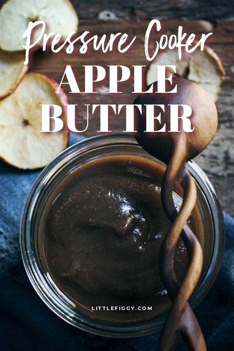 Easy to make Apple Butter recipe is made even easier in the pressure cooker (Instant Pot)! This molasses no peel apple butter recipe can be made in under an hour from start to finish! Learn how to make apple butter at Little Figgy Food. #breakfast #apples #applebutter #harvest #fallrecipes #spreads #cinnamon #holidays #preserves #canning No Peel Apple Butter, Pressure Cooker Recipes Easy, Easy Apple Butter Recipe, Breakfast Apples, Homemade Molasses, Easy Apple Butter, Instant Pot Apple Butter, Slow Cooker Apple Butter, Apple Butter Recipe