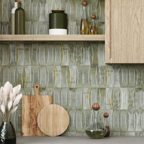 Sage Backsplash Kitchen, White Kitchen Green Backsplash, Green Backsplash Kitchen, Mound House, Ceramic Tile Cleaner, Green Kitchen Backsplash, Kitchen Backslash, Green Tile Backsplash, Modern Tile Designs