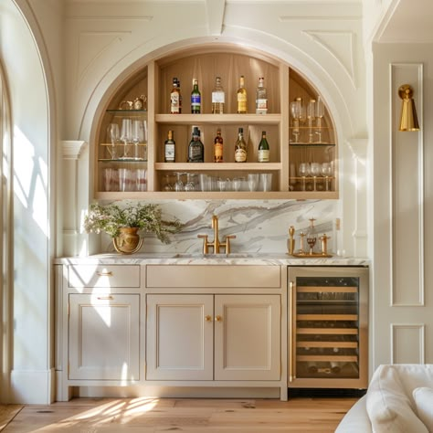 Room For Entertaining, Kitchen Bar With Open Shelving, Home Bar Open Shelving, Open Bar Cabinet, Elegant Wet Bar, Wet Bar With Shelves, Butlers Bar Ideas, Wet Bar With Open Shelving, Bar With Arches Design