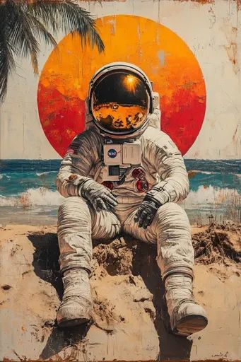 ↑↑↑ Larger size on website 🔸 An astronaut in a white spacesuit is sitting on a sandy beach.  The astronaut's helmet is reflecting Astronaut Helmet, Graffiti Painting, Sunny Beach, On Beach, Palm Tree, Palm Trees, Art Images, Pop Art, Graffiti