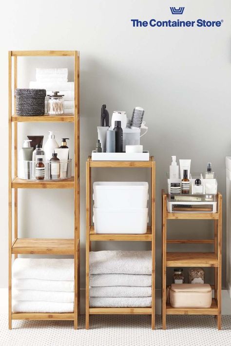 Get organized in an instant! Shop our shelving category and find great solutions for less than $100 at The Container Store. Bamboo Shelf Bathroom, Bathroom Free Standing Shelves, Bamboo Bathroom Shelf, Bathroom Open Shelving Storage, Iron Bookshelves, Bamboo Bathroom Ideas, Bathroom Standing Shelf, Bathroom Shelving Ideas, Floating Display Shelves