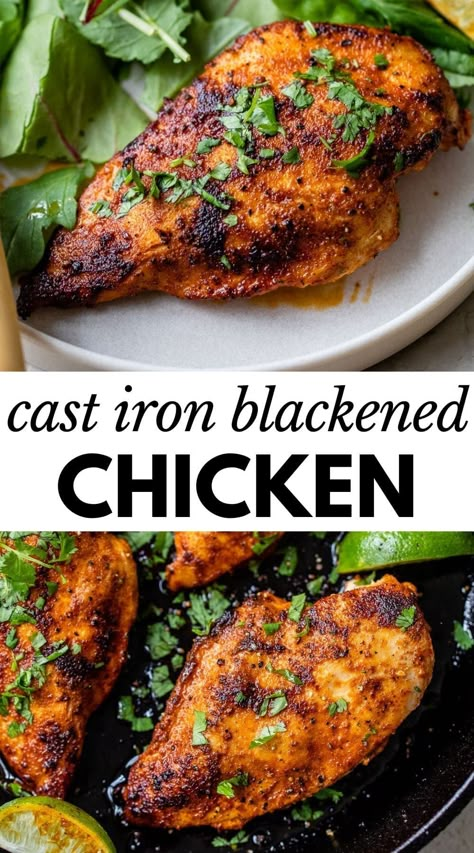 This easy Blackened Chicken recipe is made in a cast iron skillet and is incredibly flavorful. Made with a Mexican marinade similar to a dry rub, the chicken is cooked completely in the skillet in under 15 minutes! Cast Iron Skillet Recipes Chicken, Chicken Cast Iron Skillet, Easy Blackened Chicken, Cast Iron Chicken Recipes, Mexican Marinade, Cast Iron Skillet Recipes Dinner, Blackened Chicken Recipe, Chicken Breast Marinade, Chicken Recipe Easy