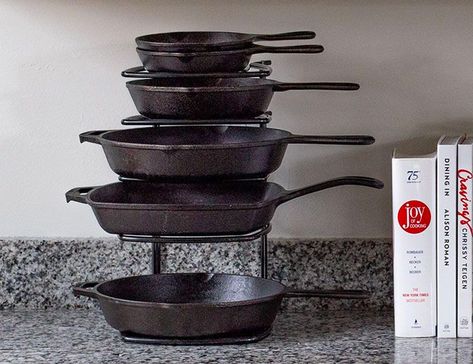 Cast Iron Storage Ideas, Iron Storage Ideas, Cast Iron Cookware Display, Cast Iron Storage, Cookware Display, Lodge Cookware, Cookware Organization, Cookware Storage, Cast Iron Cookware Set