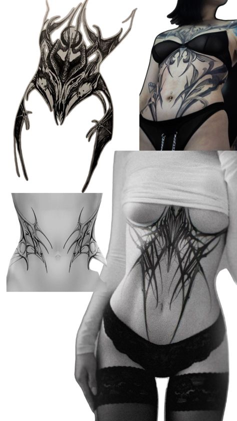 Back Tattoos Goth, Gothic Tattoos For Women Dark Beauty, Gothic Hip Tattoo, Goth Stomach Tattoos, Body Shaping Tattoos, Cool Hip Tattoos, Armpit Tattoo Ideas, Body Contour Tattoo, Stomach Tattoo Women