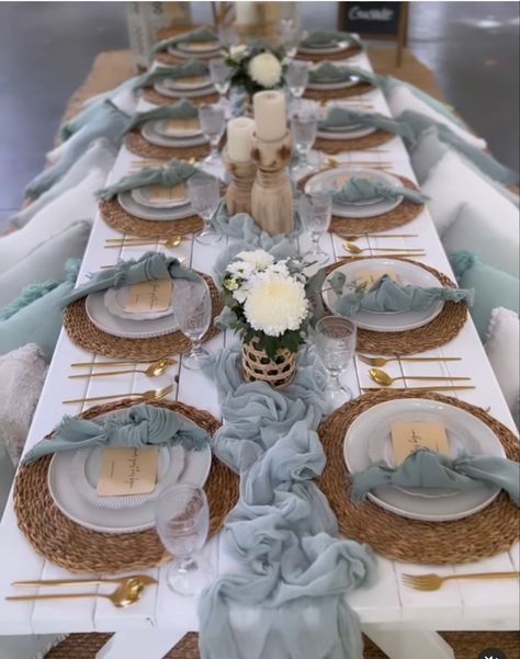 Blue And Tan Party Decorations, Blue And Cream Table Settings, Simple Wedding Table Decor Without Plates, Blue Boho Table Setting, Long Party Table Decor, Blue Boho Bridal Shower Ideas, Elegant Brunch Ideas Table Decorations, Baptism Table Set Up, Baby Shower Round Table Set Up