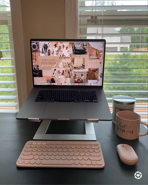 Pink Work Station, Desktop Set Up Aesthetic, Office Aesthetic Woman Desk, Laptop Work From Home Aesthetic, Work From Home Job Aesthetic, Pink Desk Set Up, Laptop Set Up, Manifesting List, Office With Laptop