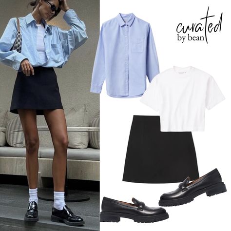 Office Casual Skirt Outfit, Chunky Oxford Outfit, Chunky Loafers Shorts Outfit, Loafers Mini Skirt Outfit, Black Skirt And Loafers Outfit, Loafers Outfit With Skirt, Short Black Skirt Outfit Casual, Black Loafer Outfits Women Casual, Mini Skirt Office Outfit