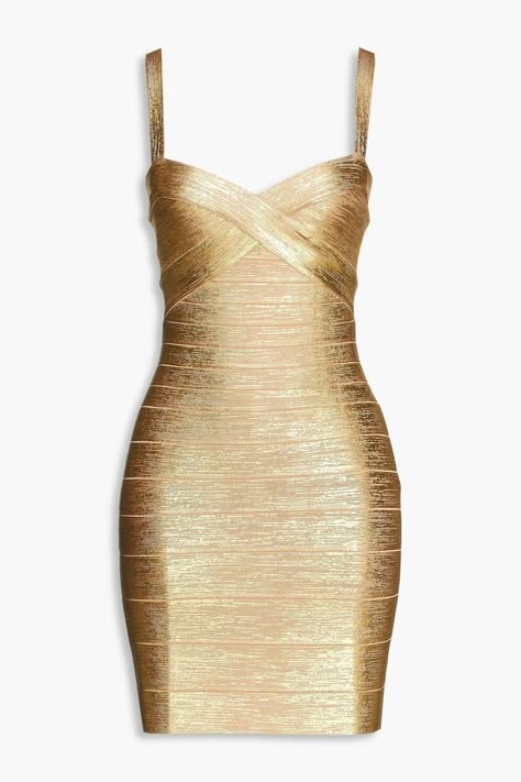 Herve Leger Dress Bandage, Gold Bandage Dress, Collage Pics, Bandage Dress Herve Leger, Junior Prom, Tight Fitted Dresses, Herve Leger Dress, Golden Dress, Designer Mini Dresses