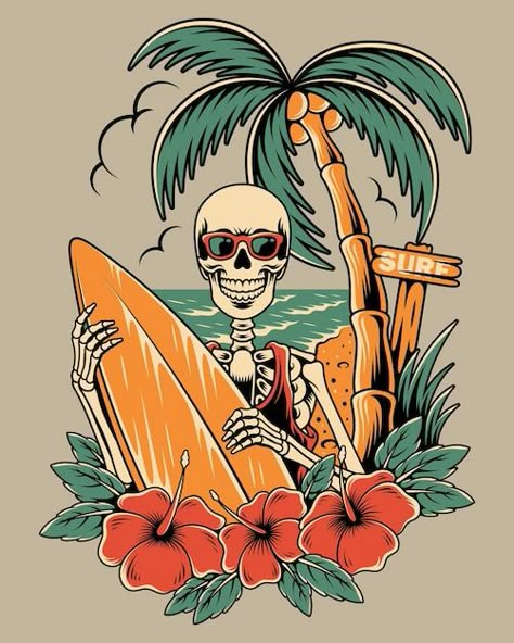 Skull holding a surf board on the beach | Premium Vector #Freepik #vector #surf #surf-wave #surfing-surfer #surfboard Surf Artwork, Beach Vector, Tshirt Artwork, Surf Wave, Typography Shirt Design, Wave Surfing, Skeleton Illustration, Beach Illustration, Beach Tattoo