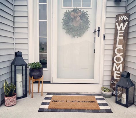 Decor for your front porch. #kirklands #amazon #lowes. #doormats #lanterns #welcomesign #wreath #wreathsforfrontdoor #plants #porch #porchdecor #frontdoorideas #frontporchideas #home #homedecorideas Front Door Decor One Side, Front Porch Decor Lanterns, Corner Front Door Entrance Decor, Home Door Entrance Ideas, Front Door Decor With Lanterns, Front Door Decor Lanterns, Front Porch Lanterns Entrance, Porch Lanterns Decor Front Doors, Townhouse Porch Decor