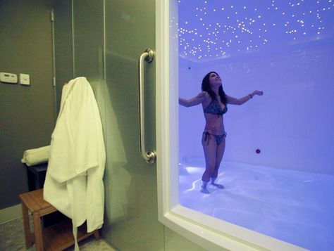 King Size Float Room with LED Starlight Ceiling and Glass Exterior Finish. Float Center Shiloh Float Tank Room, Starlight Ceiling, Relaxation Tools, Wellness Collective, Float Room, Isolation Tank, Yoga Room Design, Float Spa, Float Tank