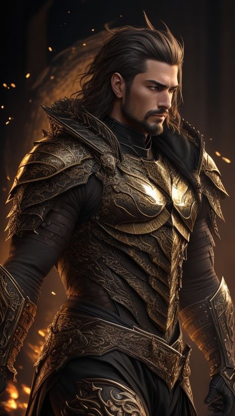 A portrait of a (male, muscular human warrior:1.3) in (black gold dragon scale intricate light armor:1.3) Gold Dragon Human Form, Dnd Character Art Male Human, Black And Gold Armor, Human Warrior, Dragon Scale Armor, Light Armor, Armor Ideas, Gold Armor, Dragon Armor