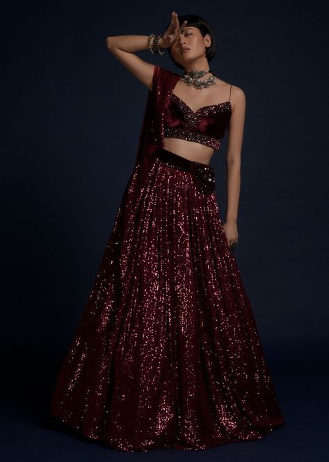 Burgundy Lehenga, Sequin Lehenga, Kalki Fashion, Sequins Fabric, Red Lehenga, Velvet Crop Top, Indian Wedding Wear, Feminine Blouses, Red Sequin