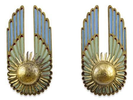 PAIR OF FRENCH ART DECO POLYCHROME PAINTED AND GILT METAL WALL SCONCES CIRCA 1925 the scarab wing blue/green painted back plate centred by a flaming sun motif (2) 40cm wide, 79cm high Art Deco Architecture Interior, Sconces Ideas, Shipping Furniture, Interior Wall Sconces, Bijoux Art Deco, Motif Art Deco, Deco Architecture, Art Deco Decor, Deco Wall