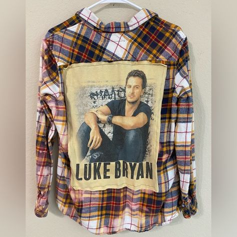 Vintage Avenue Upcycled Bleach Dyed One Of A Kind Long Sleeve Button Down Flannel Shirt With Luke Bryan Graphic On Back. Size Xl. New With Tags. Upcycled Flannel Rare One Of A Kind Country Music Shirt Band T-Shirt Luke Bryan Concert Luke Bryan Fan Luke Bryan Shirts, Flannel Shirt Refashion, Luke Bryan Fan, Luke Bryan Concert, Upcycled Flannel, Country Music Shirt, American Eagle Shirt, Country Music Shirts, Eagle Shirts