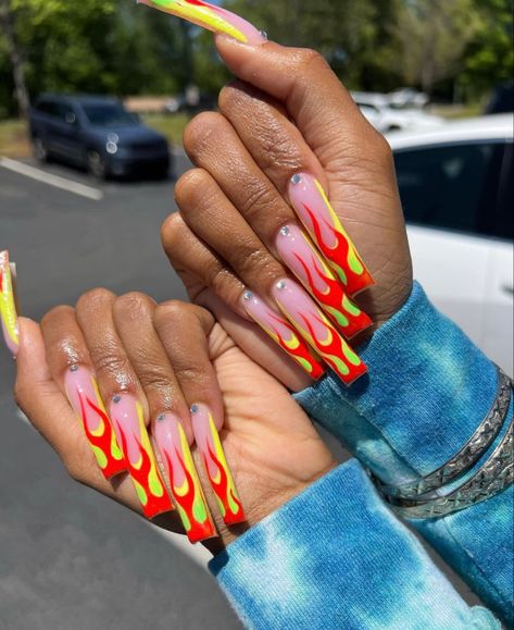 Red Flame Nail Designs, Colorful Flame Nails, Pointer Finger Tattoo, Nail Polish Clear, Sparkle Nail Polish, Flame Nails, Long Acrylic Nail, Multicolored Nails, Nail Art Stripes