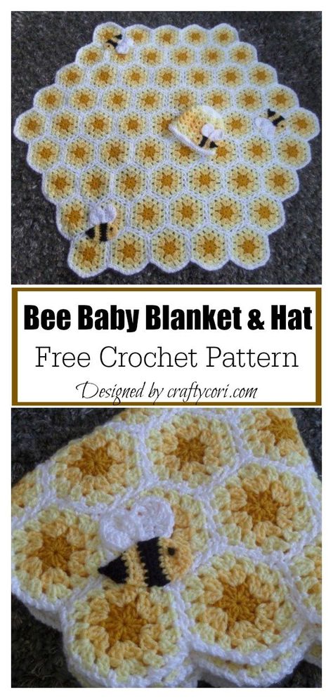 Baby Blanket Free Crochet Pattern, Bee Baby Blanket, Hat Free Crochet Pattern, Hand Crocheted Blanket, Crochet Bee, Bee Baby, Baby Blanket Knitting Pattern, Crochet Quilt, Haken Baby