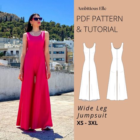 Wide Leg Jumpsuit PDF Sewing Pattern - Summer Romper, Cami Jumpsuit, Playsuit Wide Leg Jumpsuit Pattern, Jumpsuit Sewing Pattern, Unique Sewing Patterns, Jumpsuit Sewing, Playsuit Pattern, Romper Sewing Pattern, Jumpsuit Pattern Sewing, Cami Jumpsuit, Seam Allowance