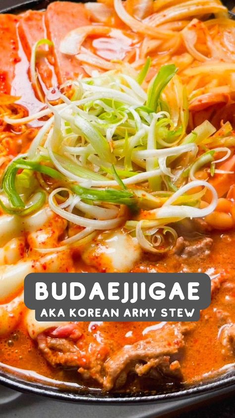 “Budae” in Korean means army and “jjigae” means stew. Comprised of a hodge-podge of Western and Eastern ingredients, budaejjigae is a living (and delicious!) artifact from a darker time during the Korean War. Jigae Korean Food, Budajigae Recipe, Budae Jjigae Recipe, Health Salads, Asian Cusine, Baking Treats, Easy Peasy Recipes, Cooking Stuff, Meals Ideas