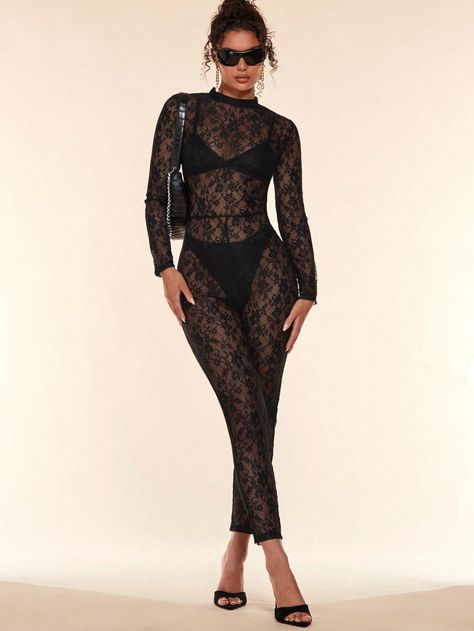 SHEIN BAE Floral Lace Mock Neck Jumpsuit Without BodysuitI discovered amazing products on SHEIN.com, come check them out! Lace Jumpsuit Outfit, Lace Bodysuit Outfit, Catsuit Outfit, Elegant Bodysuit, Rave Bodysuit, Mini Dress Outfits, Body Suit Outfits, Lace Jumpsuit, Lace Outfit