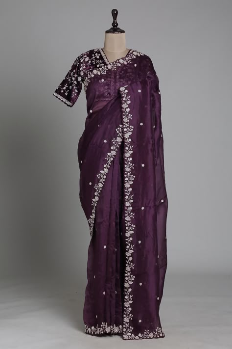 Buy Dark Eggplant Zardosi Embroidered Organza Saree Online | Samyakk Organza Zardosi Saree, Dark Colour Organza Saree, Zardosi Embroidery Saree, Grape Wine Colour Saree, Blouse Pattern For Organza Saree, Dark Colour Saree, Dark Saree, Dark Purple Saree, Zardosi Saree