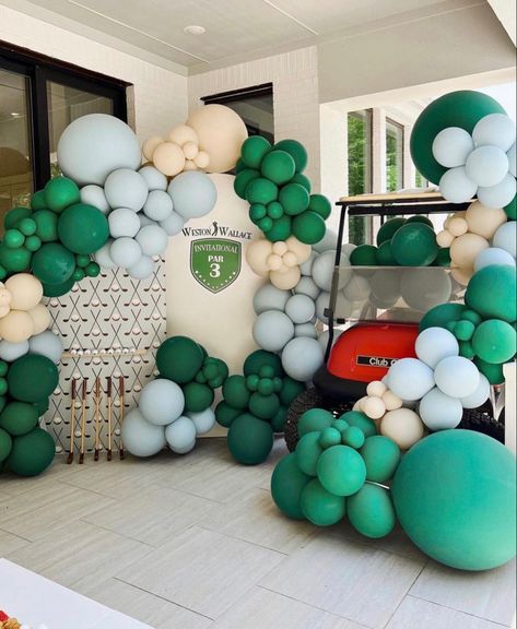 Golf Themed Balloon Decorations, Hole In One Birthday Balloon Arch, Golf Balloon Arches, Merchandise Display Design, Golf Party Balloon Garland, Golf Theme Photo Backdrop, Golf Balloon Centerpieces, Golf Party Decorations Ideas, Fore Tee Birthday Decorations