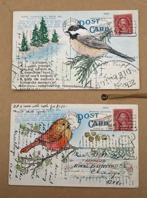 I inherited my great Aunt Esther's collection of post cards and I used a pair of them to create a bit of mail art with some Stampendous birds. One bird was stamped on plain tissue paper, the other on a vintage book page, and both were cut-out and pasted on the cards. I did this mainly because I could play around with the placement and avoid a mis-stamp that can't be undone. The pine trees and leafy dots were also done this way. There's a bit of collage paper and miscellaneous stamping to fill Vintage Bird Postcards, Mail Art Postcards, Post Card Messages Ideas, Post Card Ideas Creative, Post Card Design Creative, Vintage Postcard Design, Homemade Postcards, Diy Postcard Ideas, Diy Post Cards