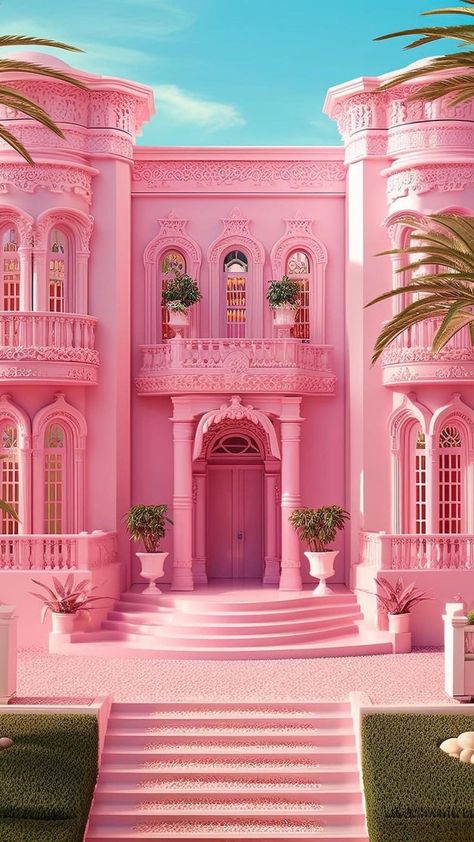 Step Inside Barbie's Extraordinary Pink Mansion For A Visual Treat Pink Outdoor Furniture, Barbie Mansion, Eco Brutalism, Pink Mansion, Palace Entrance, Pink Bathtub, Girly Backgrounds, Pink Building, Dream House Aesthetic