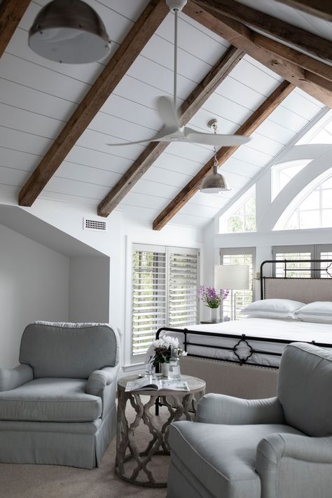 Vaulted Ceiling with Reclaimed Beams and Tongue an Groove in Benjamin Moore White Dove Bedroom Vaulted Ceiling with Reclaimed Beams and Tongue Groove in Benjamin Moore White Dove #VaultedCeiling #ReclaimedBeams #TongueandGroove #BenjaminMooreWhiteDove #Bedroom Vaulted Ceiling with Reclaimed Beams and Tongue an Groove in Benjamin Moore White Dove Historical Home Renovation, Country Bungalow, Converted Barn Homes, Vaulted Ceiling Beams, Vaulted Ceiling Bedroom, Groove Ceiling, Dark Outside, Vaulted Ceiling Living Room, Tongue And Groove Ceiling