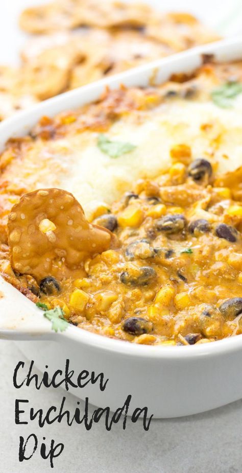 Chicken Enchilada Dip is a fun way to enjoy all the deliciousness of enchiladas in appetizer form made with shredded chicken, enchilada sauce, black beans, corn, taco seasoning and loads of cheese | Game Day food | Appetizer | dip recipe | chicken recipe Chicken Enchilada Sauce, Enchilada Dip, Chicken Enchilada Dip, Cheese Game, Dip Recipes Appetizers, Corn Taco, Chicken Dip, Chicken Enchilada, Recipe Chicken