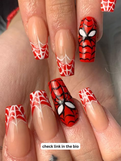 Spiderman nails Spider Man Nails With Initial, Spider Man Nail Art Designs, Spider Man Nails Acrylic Simple, Easy Spider Man Nail Designs, Spider Man Acrylic Nails Coffin, Square Nails Spiderman, Spider Man Nail Designs Short, Spider Man Inspired Nails, Super Hero Nails Designs