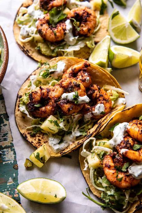 Sheet Pan Jalapeño Pineapple Shrimp Tacos with Cilantro Garlic Sauce | halfbakedharvest.com Pineapple Shrimp Tacos, Jalapeño Pineapple, Cilantro Lime Salmon, Cilantro Garlic Sauce, Pineapple Shrimp, Half Baked Harvest Recipes, Roasted Jalapeno, Roasted Shrimp, Cilantro Sauce