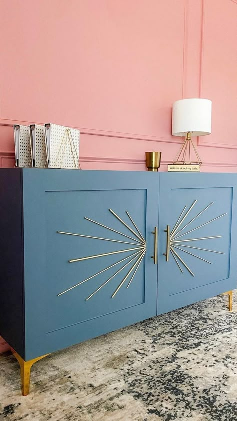 ikeahack on Instagram: Kristy @designingparkside transformed her IKEA Kallax shelf into this stylish credenza! The blue paint together with the gold accents… Cube Storage Makeover Tv Stand, Cube Storage Into Cabinet, Cube Storage Unit Makeover, Cube Cabinet Makeover, Colorful Cube Storage, Cube Storage Hacks Diy Projects, Ikea Diy Furniture, Cube Furniture Makeover, Painting Cube Storage