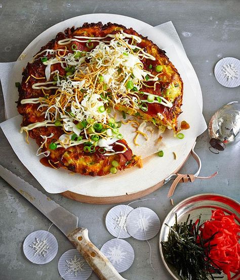 Australian Gourmet Traveller recipe for okonomiyaki with shredded cabbage, daikon and fried noodles. Okonomiyaki Rezept, Japanese Okonomiyaki, Japanese Pancake Recipe, Okonomiyaki Recipe, Fried Noodles Recipe, Recipe Japanese, Japanese Pancake, Shredded Cabbage, Mapo Tofu