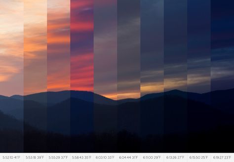 Time-lapse sunset. What a very cool photo concept for a mountain landscape! I love the 10 different shots combined into one. You can see how much the sky colors change from sunset to nightfall along with the time stamps and temperature change labeled below. Photography Assignments, Photo Class, Time Lapse Photography, Creative Landscape, Space Photography, Sky Color, Tumblr Photography, Video Photography, Mountain Landscape