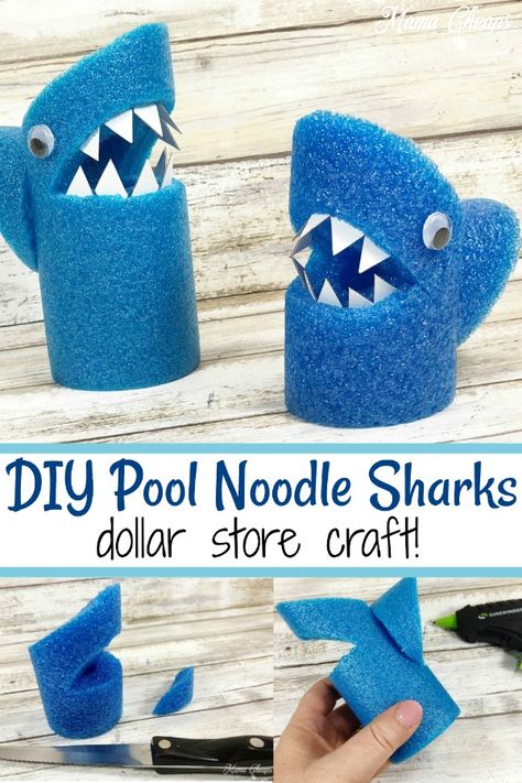 DIY Pool Noodle Shark Dollar Store Craft #diy #sharkweek #mamacheaps https://www.mamacheaps.com/diy-pool-noodle-shark-dollar-store-craft/ Shark Birthday Party Crafts, Pool Noodle Shark, Shark Craft Ideas, Pool Noodle Crafts For Kids, Shark Birthday Party Games, Pool Noodle Fish, Shark Week Activities, Pool Noodle Ideas, Shark Diy