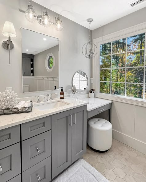 Spring has finally sprung in Massachusetts 🌱 it’s still in the 50’s but we’ll take it! Swipe for the befores of this bathroom renovation - bright whites and grays with an upgraded his and hers sinks, a built-in makeup vanity, and a spacious wall-in shower with 3 showerheads! #bathroomreno #rainfallshower #hisandhersbathroom #allwhitebathroom #vanitygoals #happyspring Bathrooms With Makeup Vanity Master Bath, Farmhouse Master Bath With Makeup Vanity, Vanity In Bathroom Ideas Makeup, Bathroom With One Sink And Makeup Vanity, Bathroom With 2 Sinks And Vanity, Master Bath With His And Hers Vanities, Master Bath Ideas With Makeup Vanity, Double Sink With Vanity On Side, Vanity Built In Bathroom