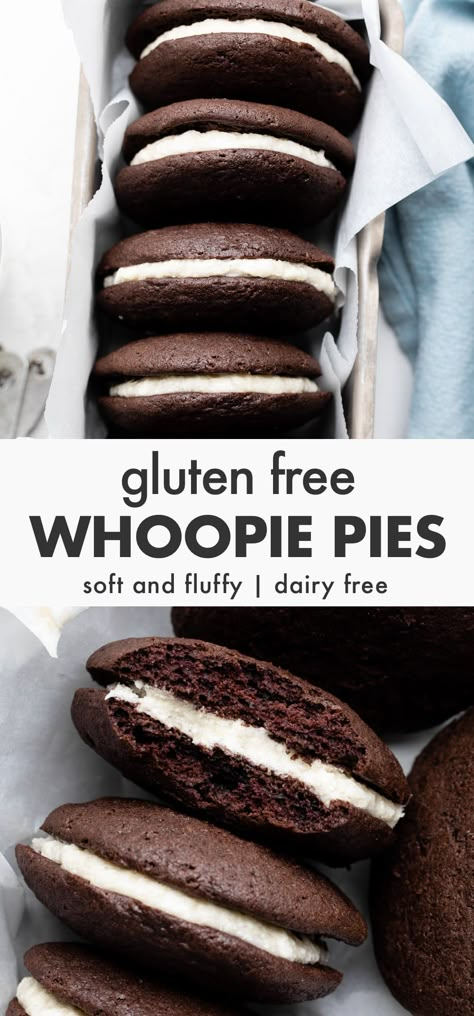 Gluten Free Whoopie Pies Gluten Free Dairy Free Whoopie Pies, Gluten Free Whoopie Pie Recipe, Gluten Free Woopy Pies, Gluten Free Moon Pies, Gluten Free Torte, Fun Gluten Free Desserts, Gluten Free Dairy Free Baked Goods, Whoopie Pies Gluten Free, Gluten Free Whoopie Pies