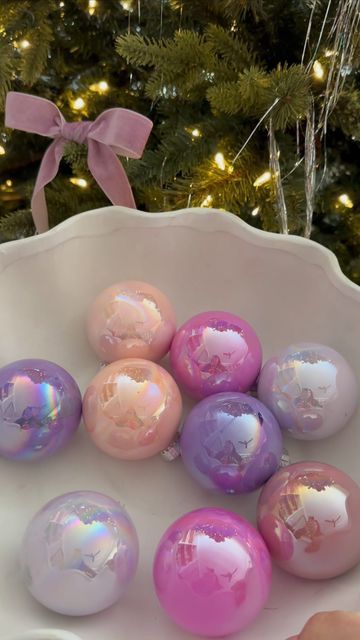 Aurelie Erikson on Instagram: "DIY Anthro Inspired Ornaments ✨🎀 Are these not the most gorgeous ornaments you’ve ever seen? 🤩 I’ve been seeing these everywhere and knew I had to try making them myself. I think it’s safe to say everyone needs to add these to their Christmas craft list this holiday season! 🎄🎀✨ All you need is iridescent ornaments and acrylic paint 🎨 save & share with a Christmas lovin girly 🫶🏼 Inspired by @woodenthatbesomethin 💕 . . . . . . #diychristmas #christmasdecor #pinkmas #pinkchristmas #christmasdiy #christmashome #christmasornaments #christmasmantle #whimsical #christmashomedecor #christmascrafts #tistheseason" Anthro Inspired Christmas, Anthro Diy, Aurelie Erikson, Iridescent Ornaments, Rainbows Christmas, Christmas Mantle, Instagram Diy, Christmas Craft, Ornaments Diy