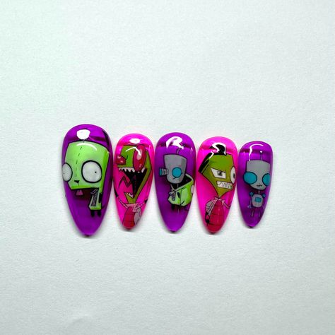 Invader Zim Themed Room, Invader Zim Nail Art, Gir Nails Invader Zim, Metalhead Nails, Invader Zim Nails, Invader Zim Desktop Wallpaper, Scene Kid Nails, Invader Zim Acrylic Nails, Invader Zim Gir Jacket