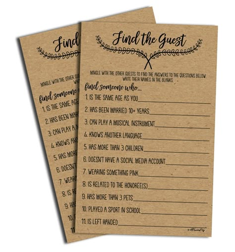 PRICES MAY VARY. 50 - Find the Guest - Game Sheets LARGE SHEETS - Each sheet is generously sized to 8.4" high x 5.4" wide. Professionally printed on high quality, Premium paper for easy writing with pens, pencils or anything you choose! This Find the Guest Baby Shower Game, Bridal Shower Game for 50 Guests, Wedding Game, Engagement party games, Adult Birthday Party Game, Housewarming Party. Any Occasion! Deep, Rich, Vibrant Colors on these add color to your party and Tables Coordinating items av Wedding Guest Games, Guest Games, Rehearsal Dinner Games, Find The Guest Game, Wedding Table Games, Adult Birthday Party Games, Rustic Bridal Shower Games, Engagement Party Games, Bachelorette Party Game